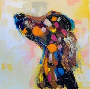 Brightly colored poster of an abstract dog